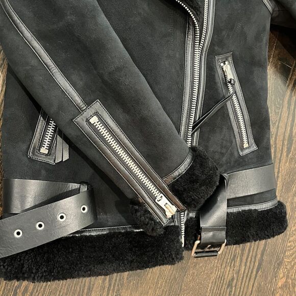 All Saints Rei Jacket Womens Small Black Shearling Sheepskin Lamb Leather Biker - Picture 14 of 16